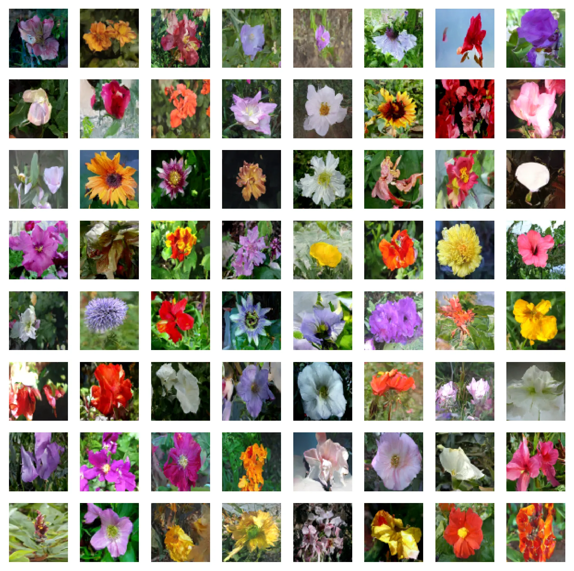 Historical unconditional Oxford Flowers grid using 10-step Heun sampling