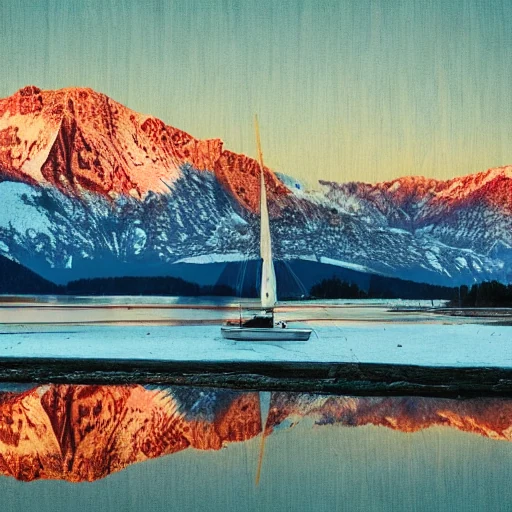 After LoRA: a picture in dewprint style of a mountain lake with a small sailboat, snowy peaks, dawn