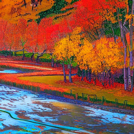 After LoRA: a picture in dewprint style of a winding river through a village in autumn, red maple trees