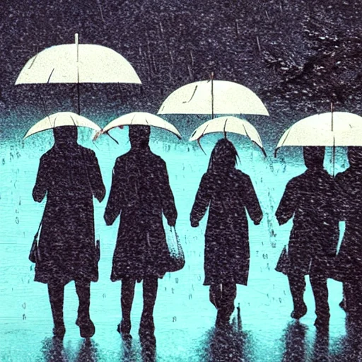 After LoRA: a picture in dewprint style of a wooden bridge in the rain, people crossing with umbrellas