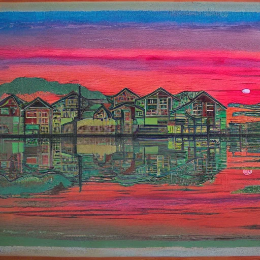After LoRA: a picture in dewprint style of a coastal fishing village, a red sunset over the sea