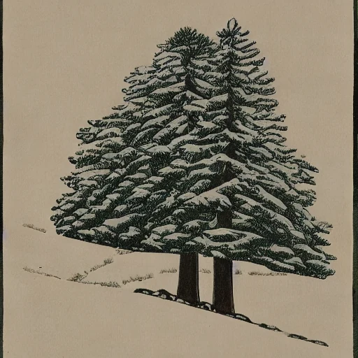After LoRA: a picture in dewprint style of a snow-covered pine tree beside a quiet temple