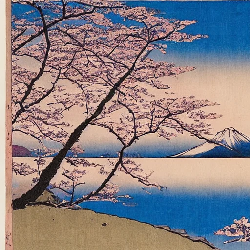 After LoRA: a picture in dewprint style of cherry blossom trees beside a river, Mount Fuji in the distance