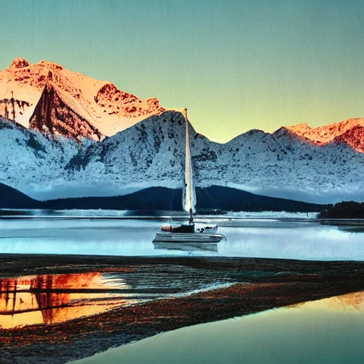 Before LoRA: a picture in dewprint style of a mountain lake with a small sailboat, snowy peaks, dawn