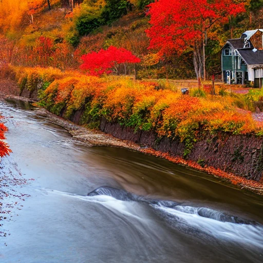 Before LoRA: a picture in dewprint style of a winding river through a village in autumn, red maple trees