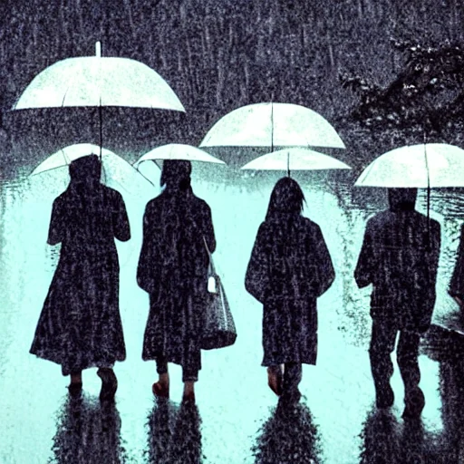 Before LoRA: a picture in dewprint style of a wooden bridge in the rain, people crossing with umbrellas