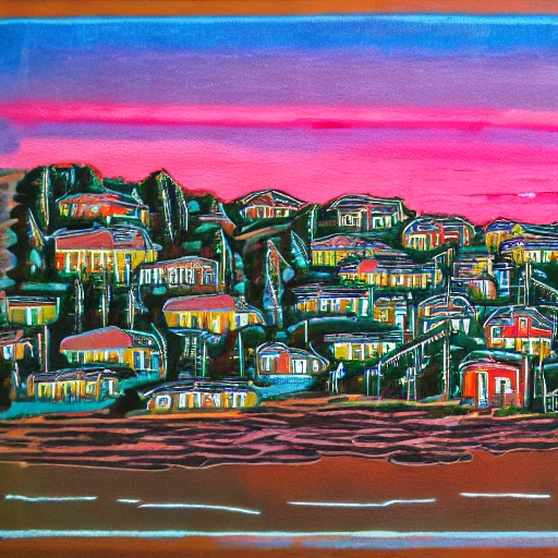 Before LoRA: a picture in dewprint style of a coastal fishing village, a red sunset over the sea