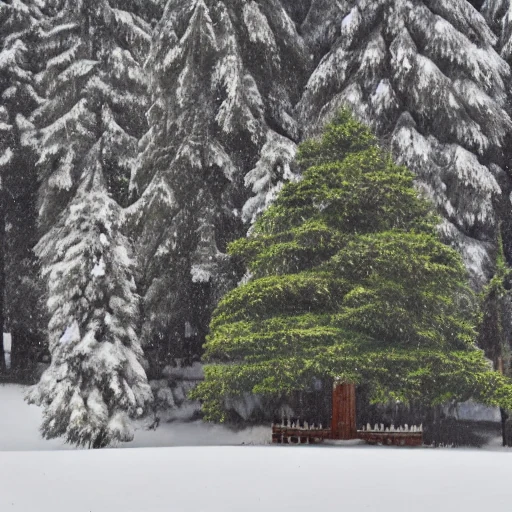 Before LoRA: a picture in dewprint style of a snow-covered pine tree beside a quiet temple