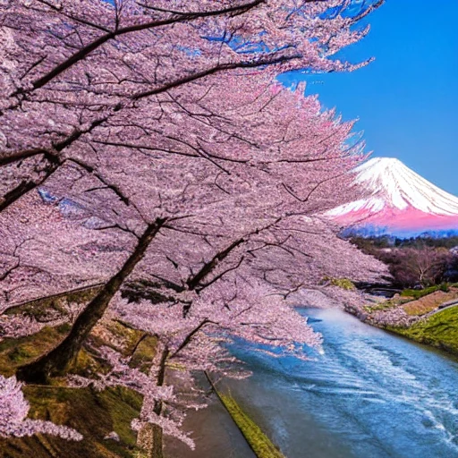 Before LoRA: a picture in dewprint style of cherry blossom trees beside a river, Mount Fuji in the distance