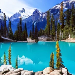 a turquoise alpine lake surrounded by pine trees and rugged mountains