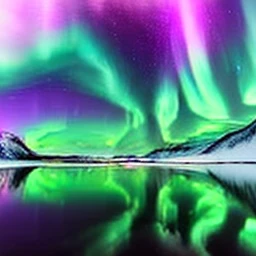 green and purple northern lights reflected in a frozen lake, snowy mountains at night, vivid colors, dramatic lighting, highly detailed