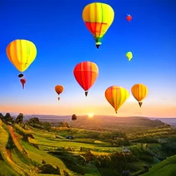colorful hot air balloons floating above a green valley at sunrise