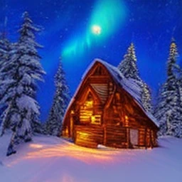 a cozy wooden cabin in a snowy forest at night, warm light in the windows, vivid colors, dramatic lighting, highly detailed