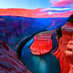 a canyon with towering red rock cliffs and a winding river at sunset