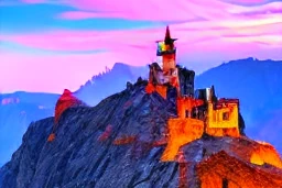 a castle on a rocky hill above a misty valley at sunrise, vivid colors, dramatic lighting, highly detailed