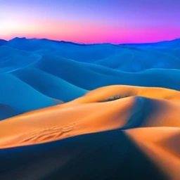 rolling sand dunes in the desert at sunset, deep orange sand and purple sky, vivid colors, dramatic lighting, highly detailed