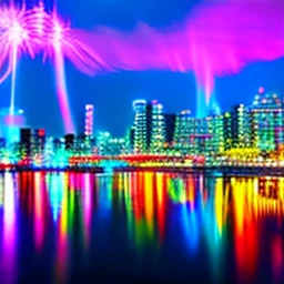 colorful fireworks over a harbor city at night, reflections in the water