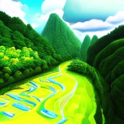 a lush green valley with a winding river and white clouds, Studio Ghibli style landscape, vivid colors, dramatic lighting, highly detailed