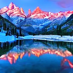 a mountain lake reflecting snowy peaks, vivid colors, dramatic lighting, highly detailed