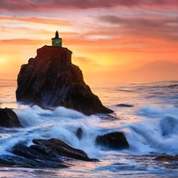 a lighthouse on a rocky coast at sunset, dramatic waves and golden light, vivid colors, dramatic lighting, highly detailed