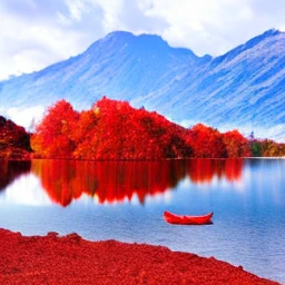 a red maple tree beside a calm lake in autumn, mountains in the background, vivid colors, dramatic lighting, highly detailed