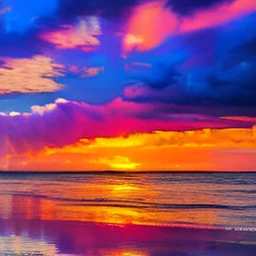 a dramatic sunset over the ocean, fiery orange and pink clouds