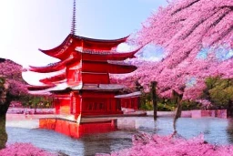 a Japanese temple beside a cherry blossom tree on a spring morning, vivid colors, dramatic lighting, highly detailed