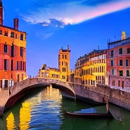 a canal in Venice at sunset with gondolas and old buildings