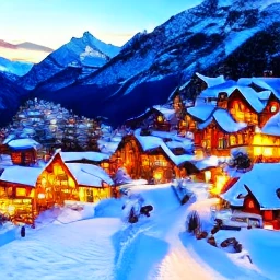 a snowy mountain village at dusk, warm glowing windows and blue snow, vivid colors, dramatic lighting, highly detailed