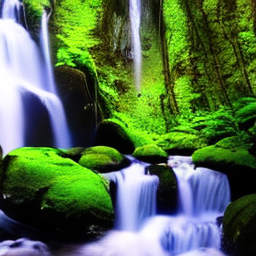 a waterfall in a lush green forest, vivid colors, dramatic lighting, highly detailed