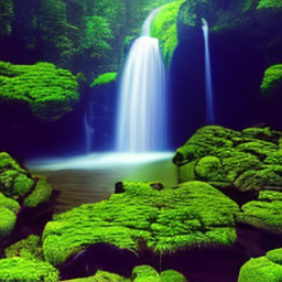 a waterfall in a lush green forest, vivid colors, dramatic lighting, highly detailed