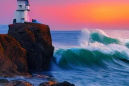 a lighthouse on a rocky coast at sunset, dramatic waves and golden light
