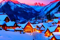a snowy mountain village at dusk, warm glowing windows and blue snow, vivid colors, dramatic lighting, highly detailed